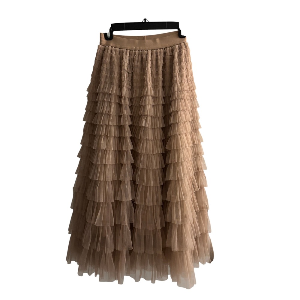 Julis Wearable Art Tan Tulle Tiered Ruffle Maxi Skirt Beige Small